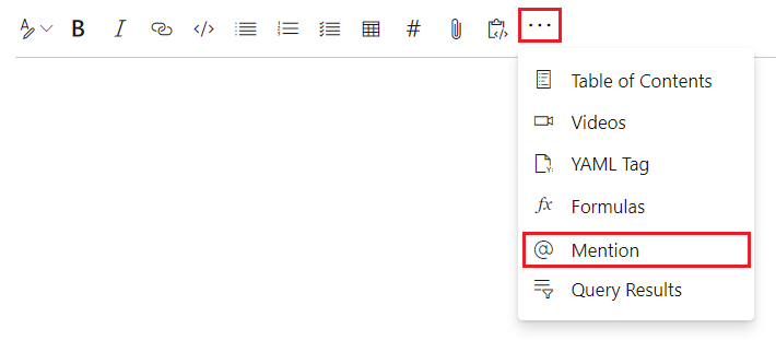 Screenshot that shows how to select @ Mention in the More options menu to add a mention for a user or group in the wiki page.