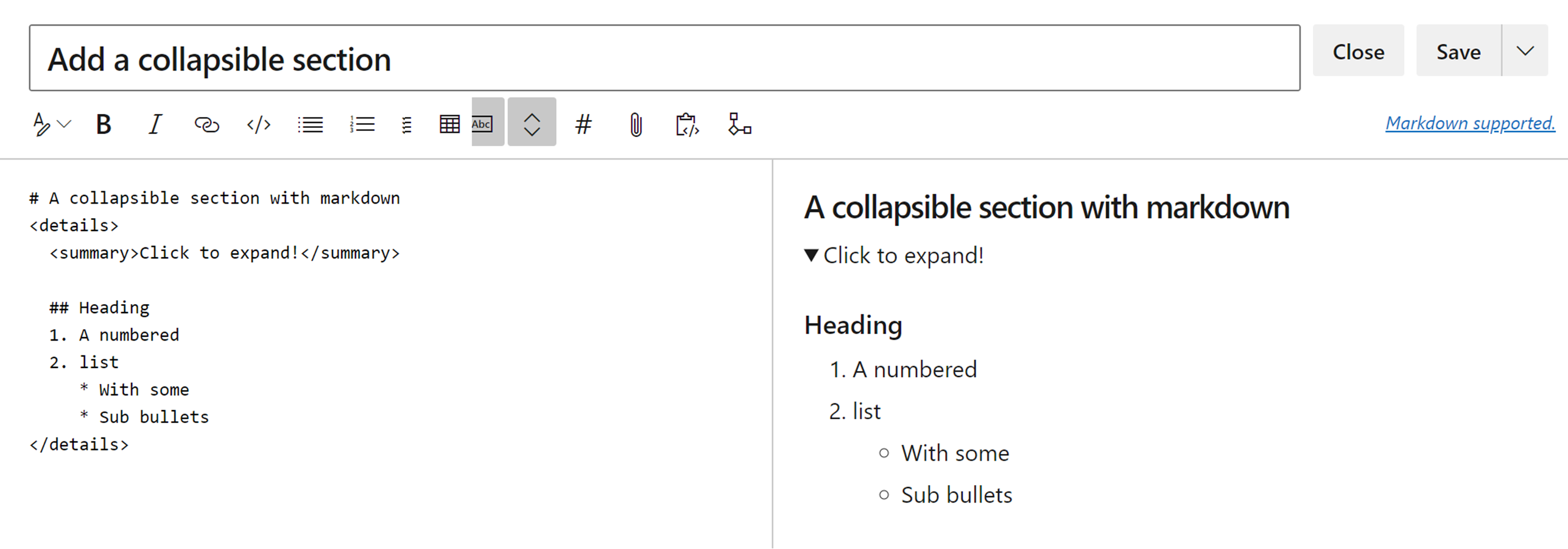Screenshot showing markdown on one side and how the collapsible section renders on the other.