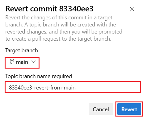 Screenshot of Revert commit dialog.