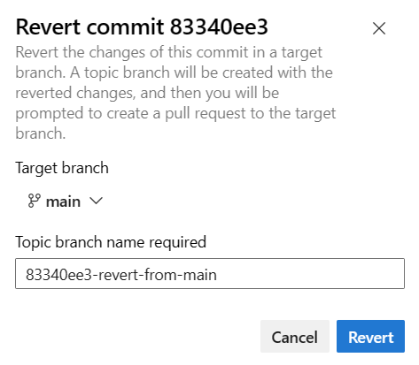 Screenshot of Revert commit dialog.