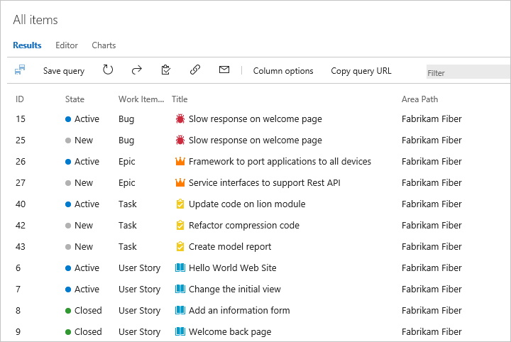 Query results showing wit color, icon, and state color