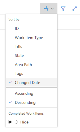 Work Items sorting options