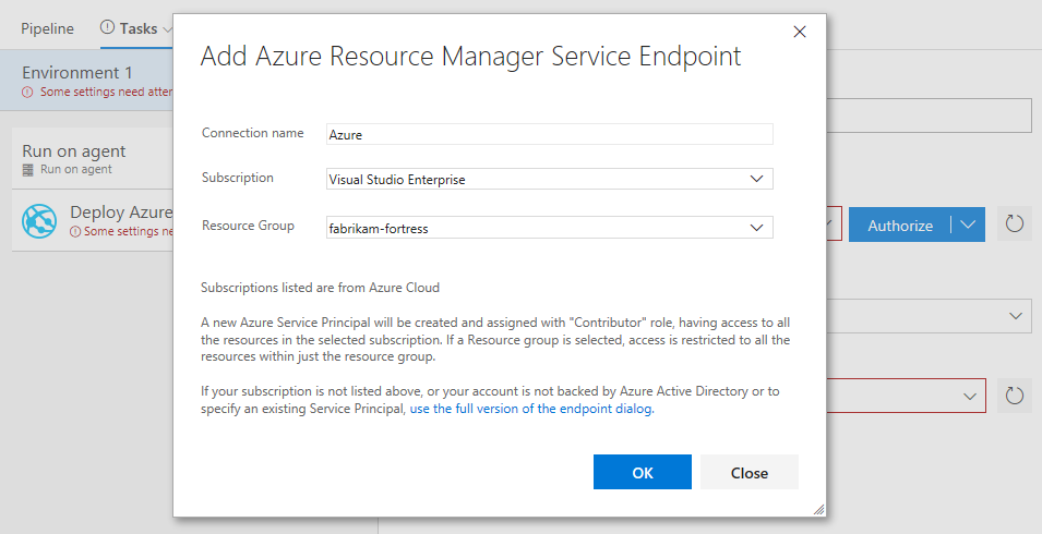 Azure subscription Authorize advanced options