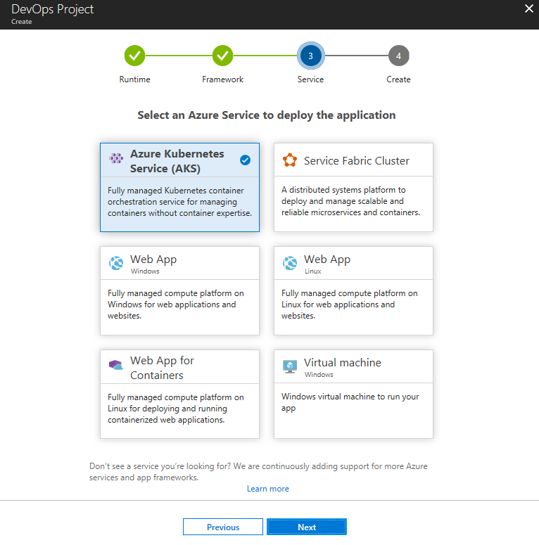 Select an Azure Service to deploy the application