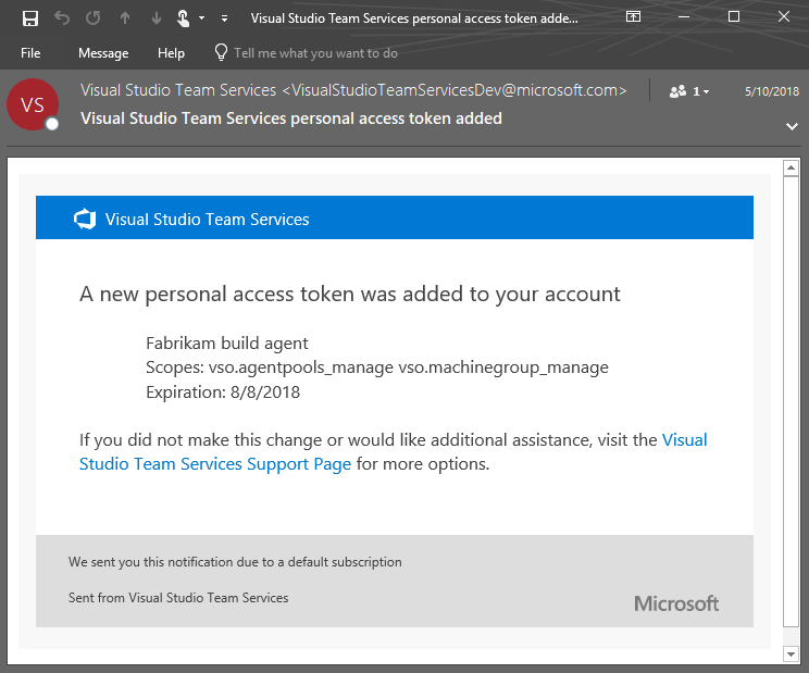 VSTS PAT added email