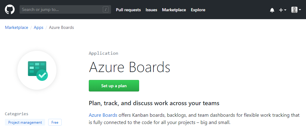 GitHub marketplace Azure Boards app.