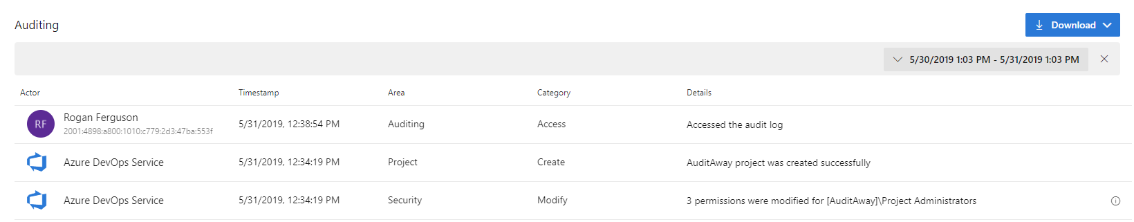 Azure auditing feature can be found under organizations settings.