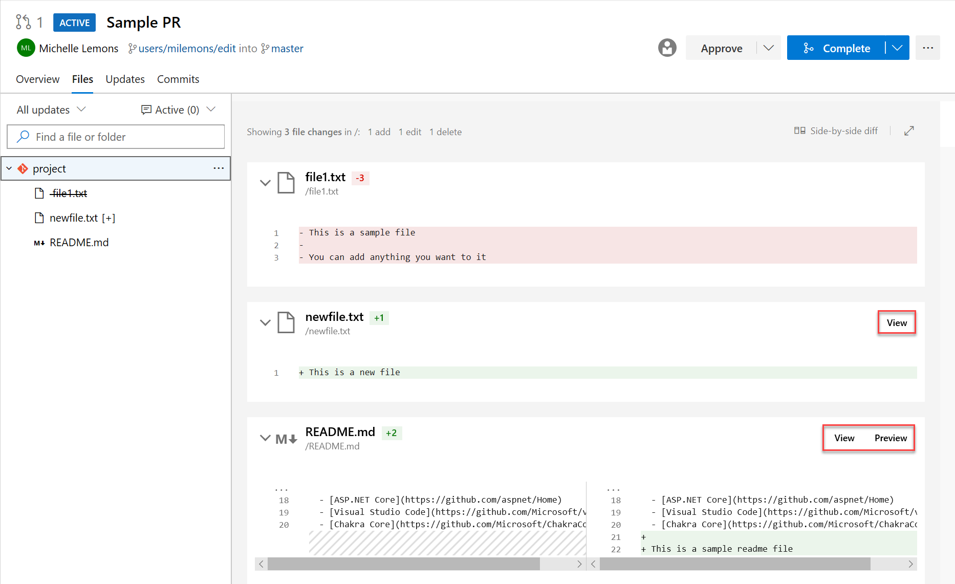 Preview Markdown files in pull request Side-by-side diff.
