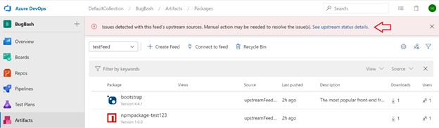 Red arrow in the Azure Artifacts feed detail page.