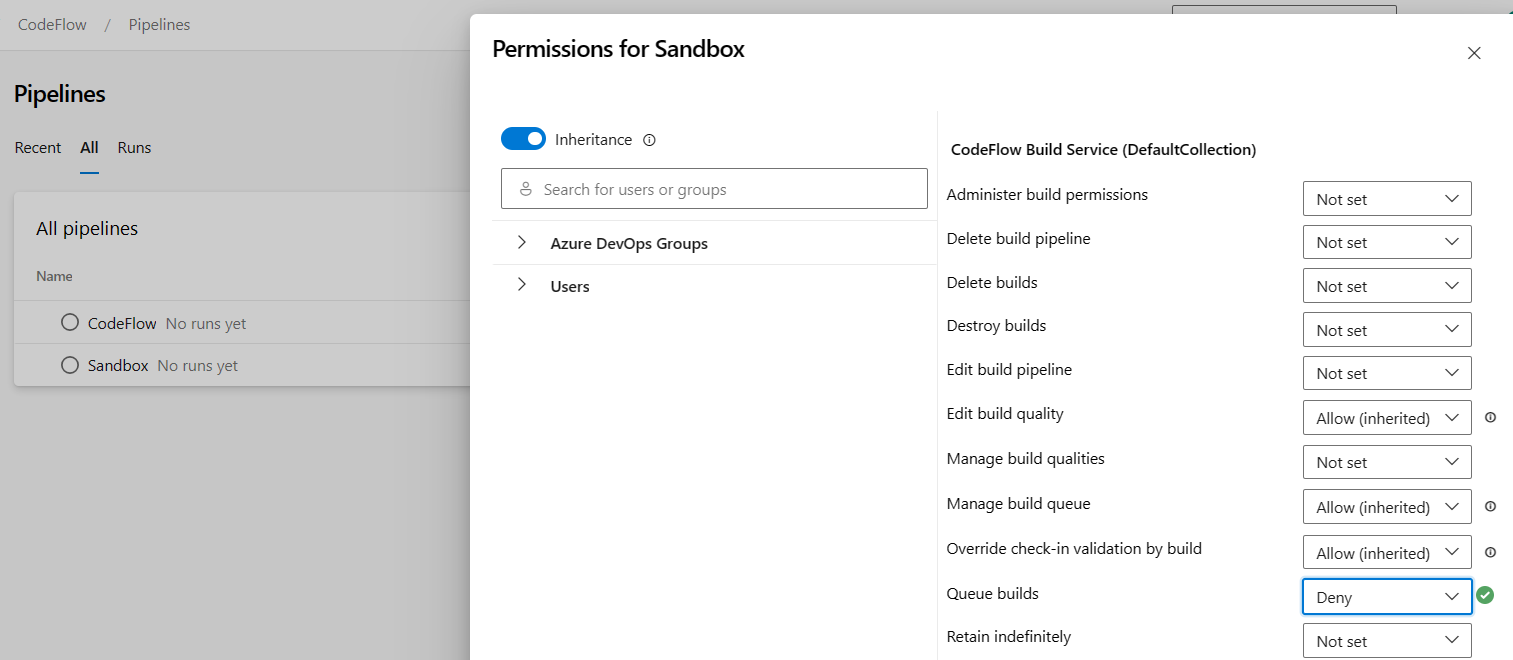 Screenshot of permissions for Sandbox.