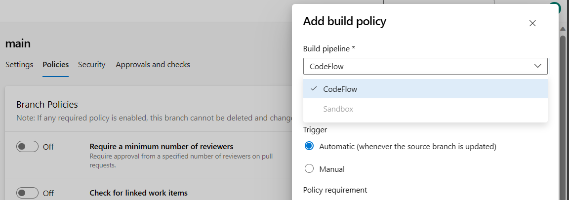Screenshot of add build policy.