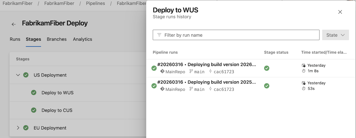 Screenshot showing stages deployment history.