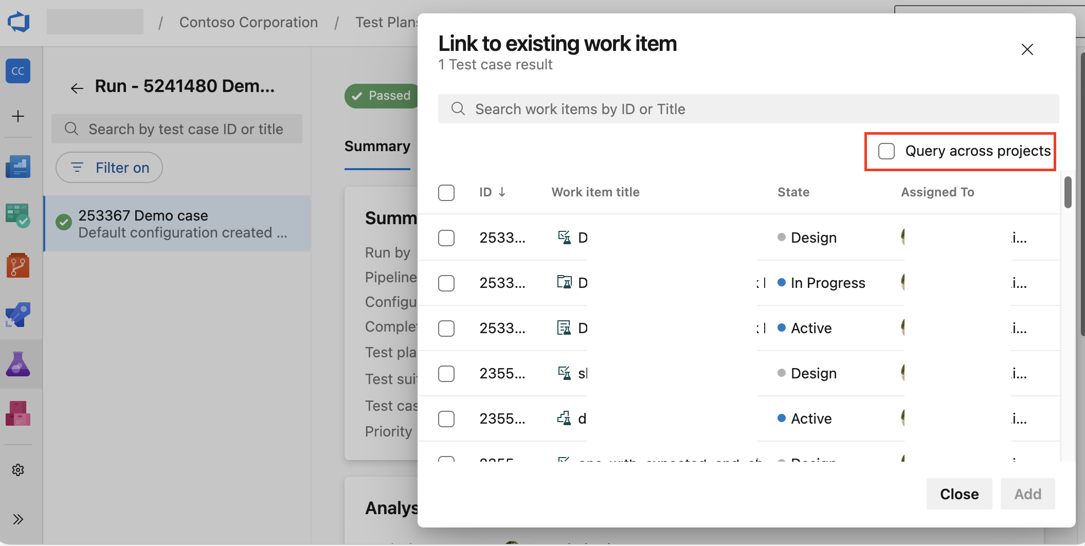 Screenshot showing relating work items across projects.