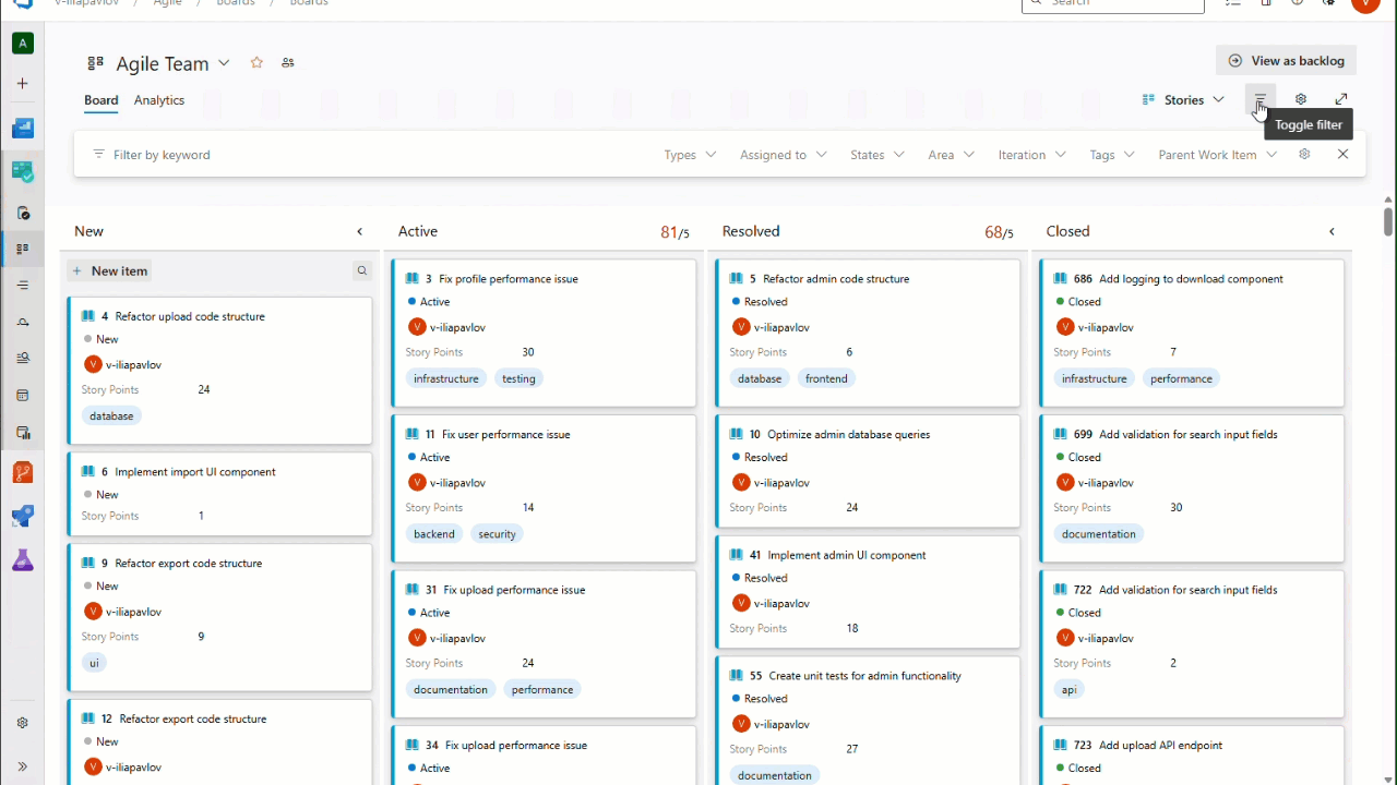 GIF showing how to filter Boards and backlogs by additional fields.
