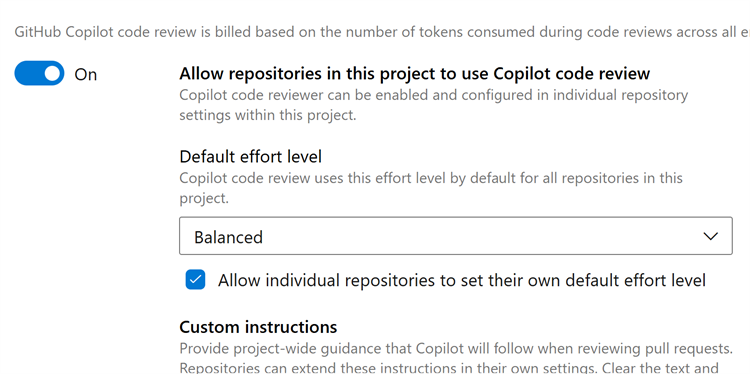 Set the default GitHub Copilot code review effort level for a project.