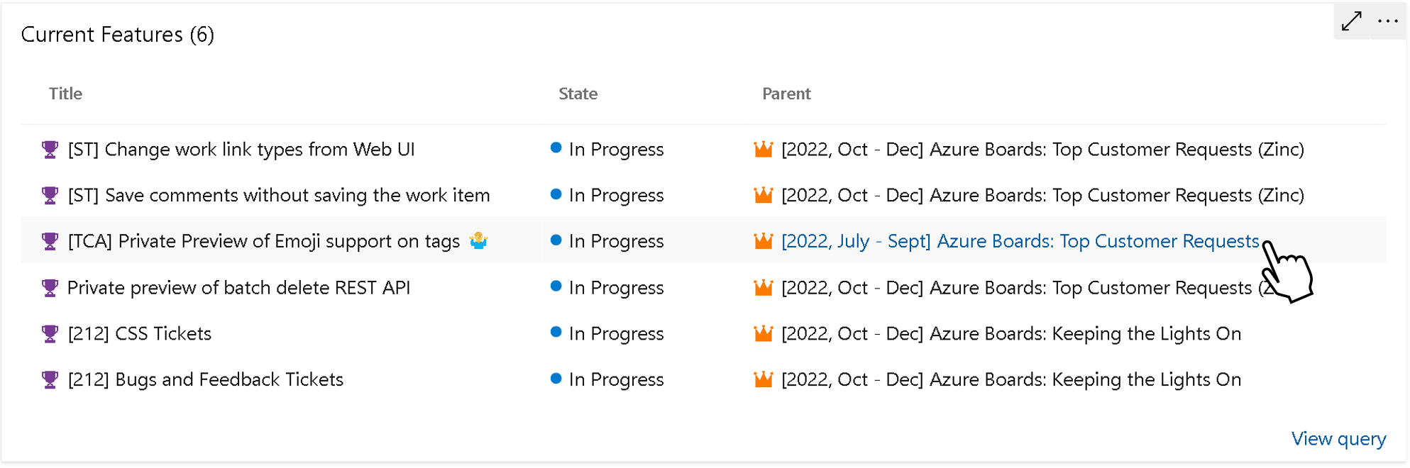 show link with parent name in query results widget