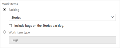 Screenshot of Configuration dialog for sprint burndown example, Select work item types as Stories.