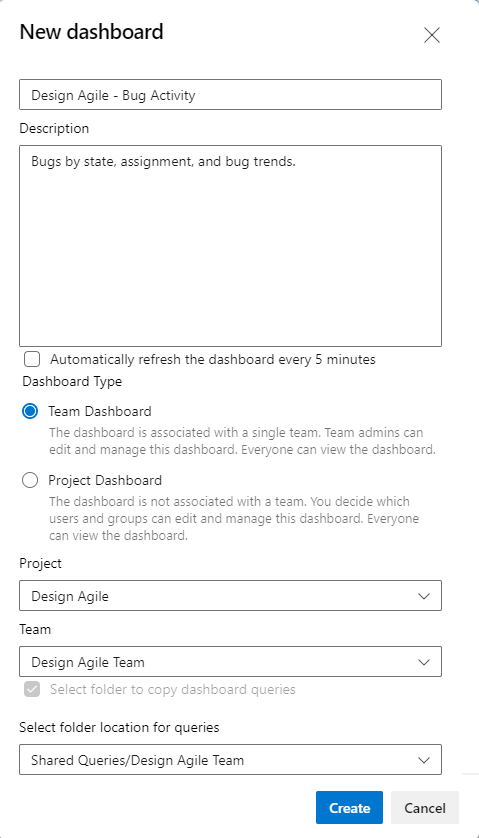 New dashboard dialog, copy dashboard for a different team.