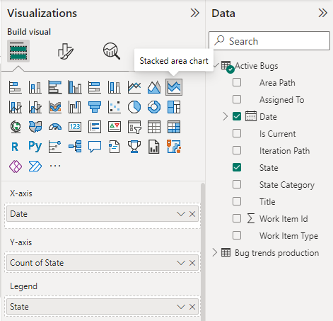 Screenshot of Power BI Visualizations and Fields selections for Active Bugs Stacked area chart report. 