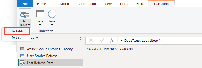Screenshot of Power Query Editor, To Table option. 