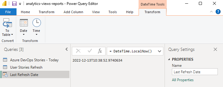 Screenshot of Power Query Editor, formula for DateTime.LocalNow for Last Refresh Date query. 