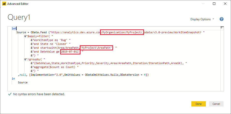 Screenshot of Power BI, Advanced Editor, Replace strings in query.