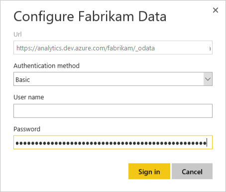 Configure Fabrikam Data dialog, Enter credentials
