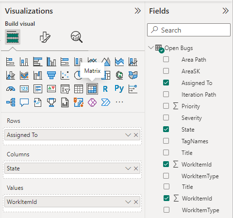 Screenshot of Power BI Visualizations and Fields selections for Open Bugs report. 
