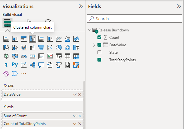 Screenshot of Power BI Visualizations and Fields selections for Release burndown clustered column chart report. 