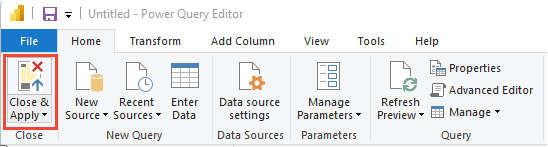 Screenshot of Power BI Power Query Editor, Close & Apply.