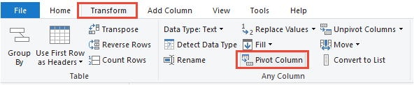 Transform menu, Pivot Column option.