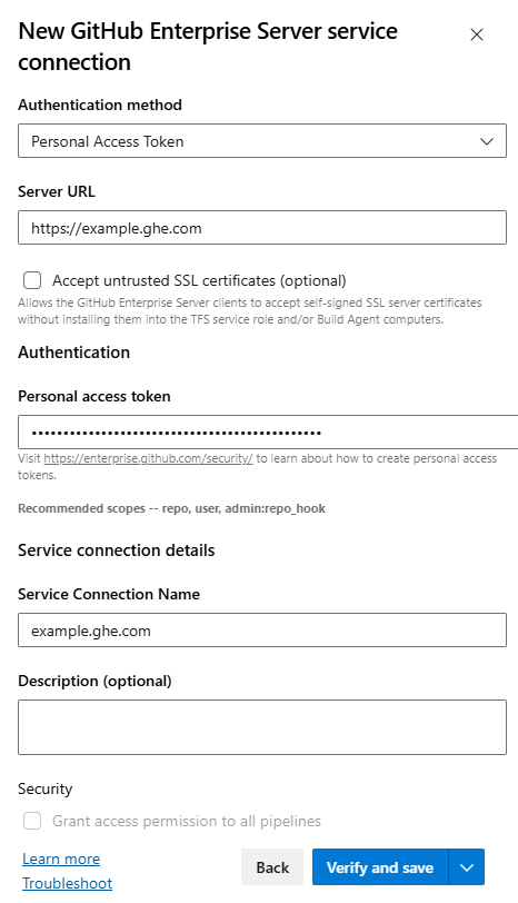 Screenshot showing the GitHub Enterprise Server service connection form in Azure DevOps service connection dialog.