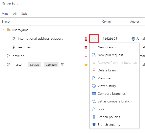 Access the view files and review history from the branches context menu