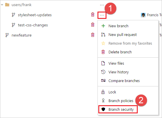 Open the branch permissions page from the branches context menu