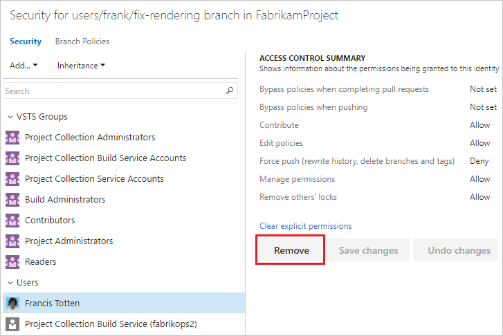 Remove branch permissions for a user in Azure DevOps Services or TFS