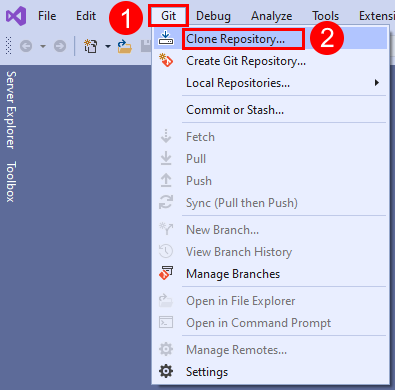 Screenshot of the 'Clone Repository' option in the Git menu in Visual Studio.