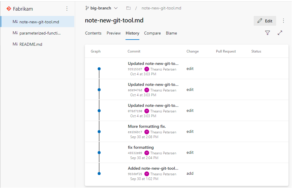 Files, Commits page example