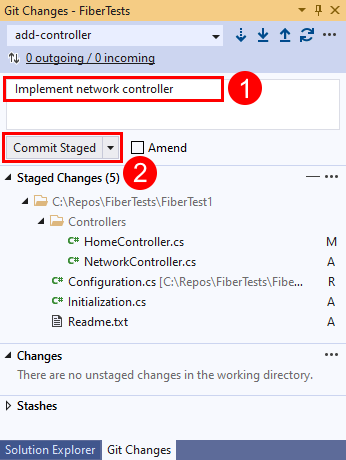 Screenshot showing the commit information link in Visual Studio.