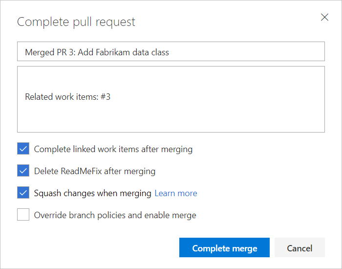 Complete pull request dialog