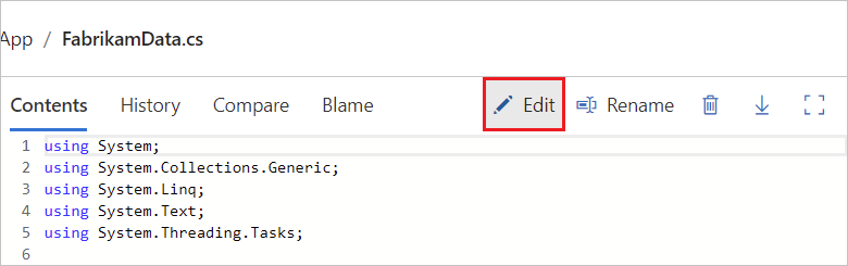 Screenshot that shows the Edit button to update code directly in Azure Repos.