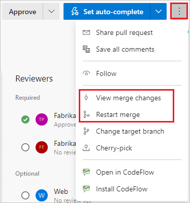 Screenshot that shows the View merge and Restart merge options in the More options menu of the P R.