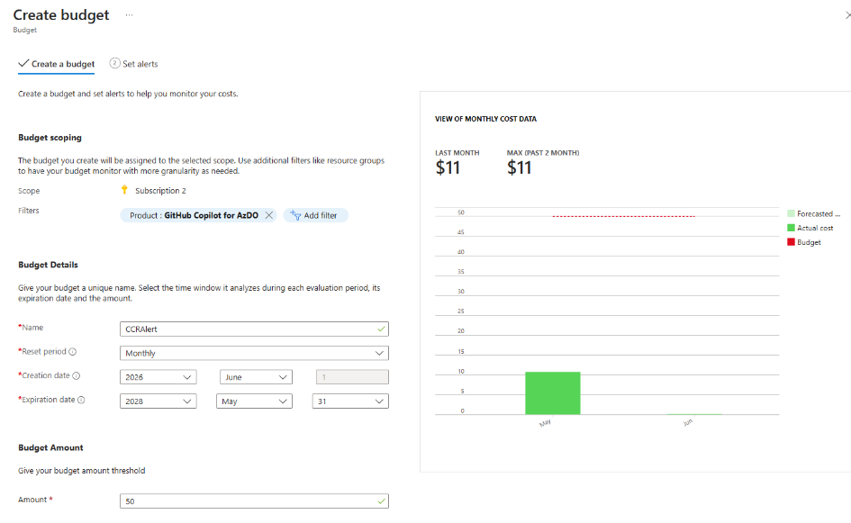 Screenshot of Azure Cost Management budget filters with Product set to GitHub Copilot for AzDO.