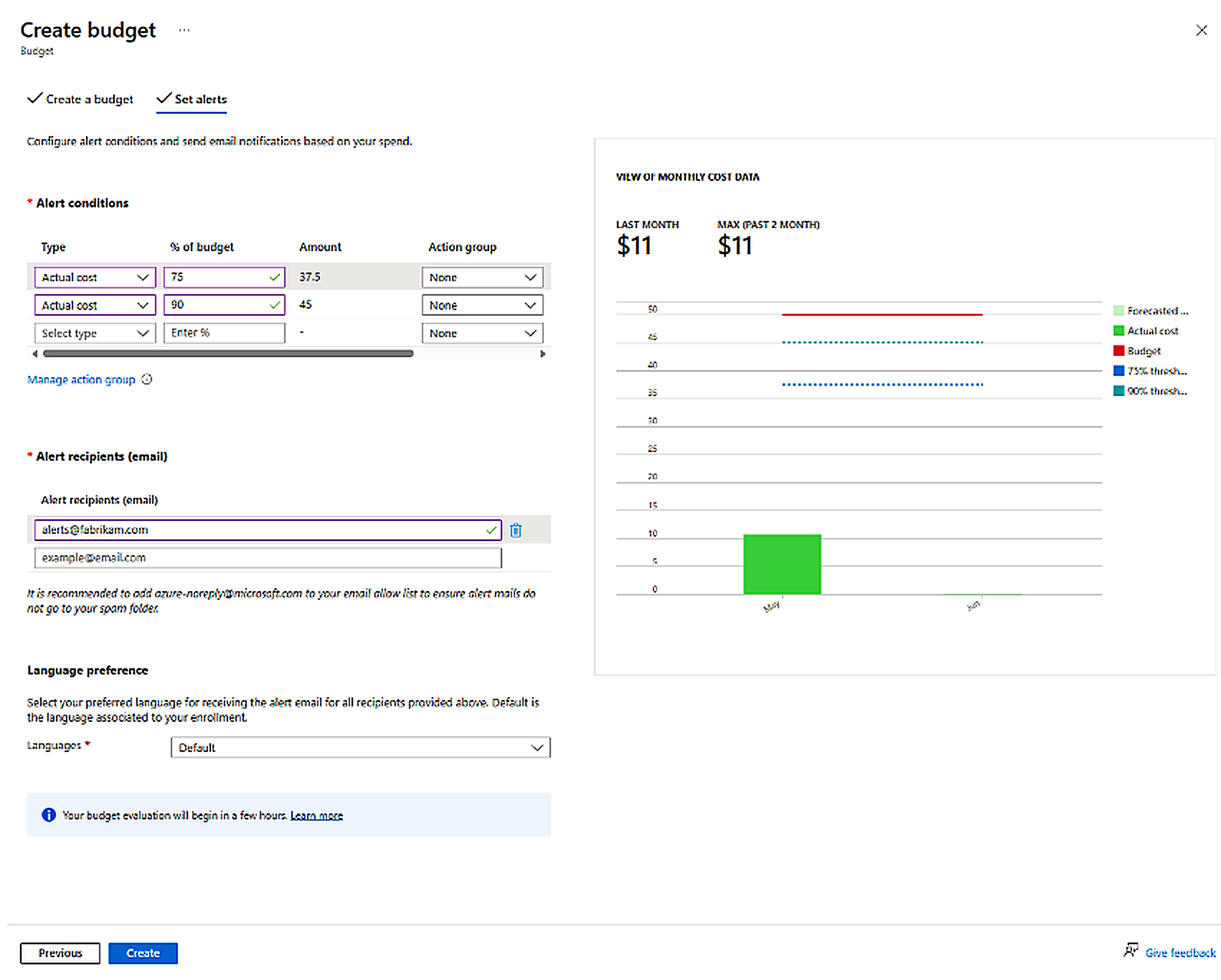 Screenshot of Azure Cost Management Budgets page with Add selected to create a new budget.