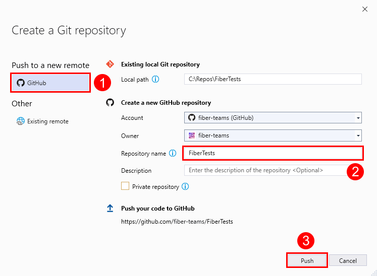 Screenshot of the 'Create a Git repository' window, with the URL of an empty GitHub repo, in Visual Studio 2019.