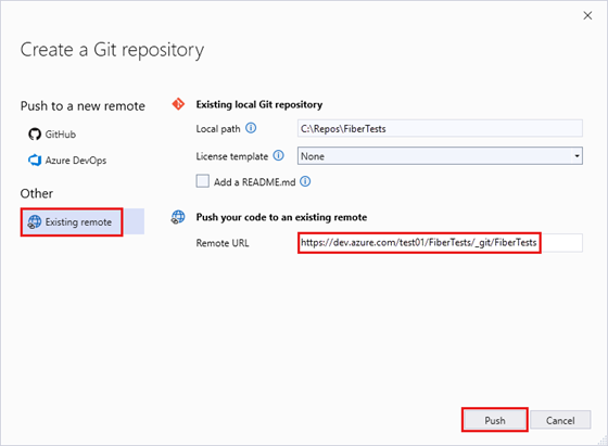 Screenshot of the 'Create a Git repository' window, with the URL of an empty Azure repo, in Visual Studio 2022.