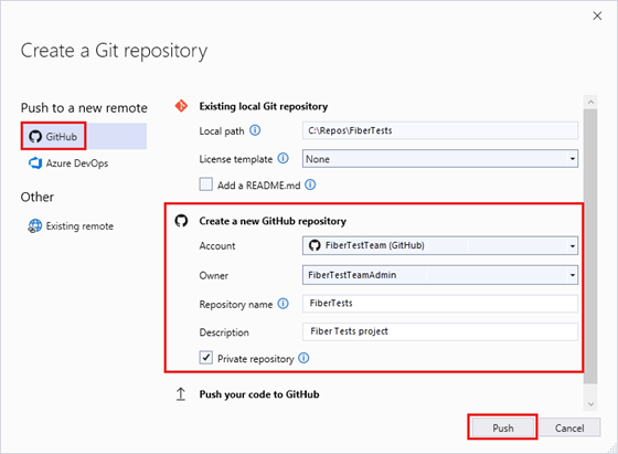Screenshot of the 'Create a Git repository' window, with the URL of an empty GitHub repo, in Visual Studio 2022.