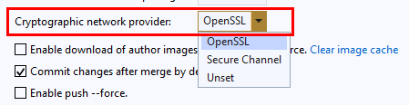 Screenshot of the Cryptographic network provider setting with OpenSSL selected in Team Explorer in Visual Studio 2017.