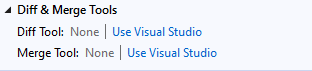 Screenshot showing the diff and merge tool settings in Team Explorer in Visual Studio 2019.