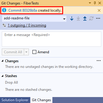Screenshot showing the commit information link in Visual Studio.