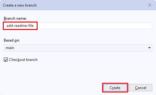 Screenshot of the 'Create a new branch' window in Visual Studio.